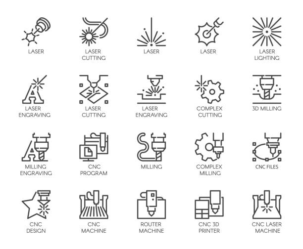 illustrations, cliparts, dessins animés et icônes de ensemble de 20 icônes de ligne dans une série de découpe laser. imprimante numérique numérique d’ordinateur, machine à moudre 3d et autres symboles thématiques. pictogrammes de contour mono de course isolés. étiquettes de contour de vecteur - laser