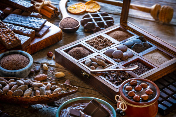 istock Assorted chocolate products with bars cocoa beans nuts spices 1224327966