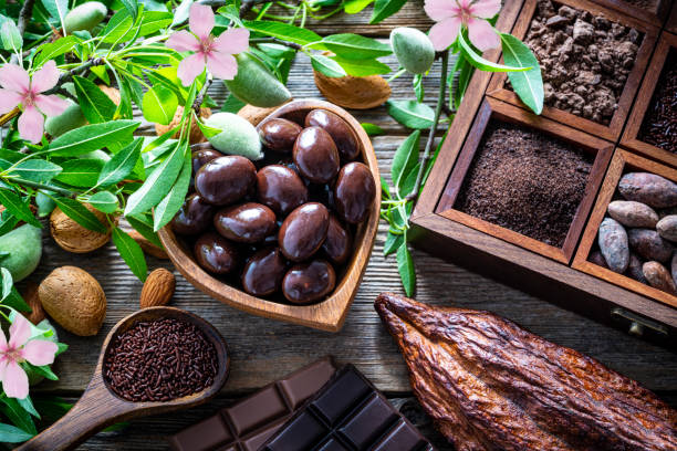 istock Dark chocolate almonds covered in a heart shape bowl 1224328961