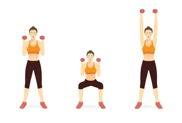 Vector illustration of Sport Women doing Fitness with Dumbbell Squat and Overhead Press Exercise in 3 steps. Diagram of How to easy Fitness.