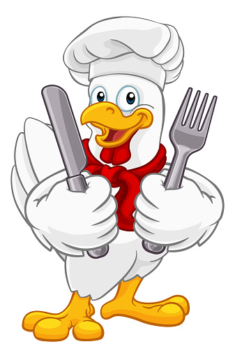 A chef chicken rooster cockerel cartoon character mascot holding knife and fork cutlery