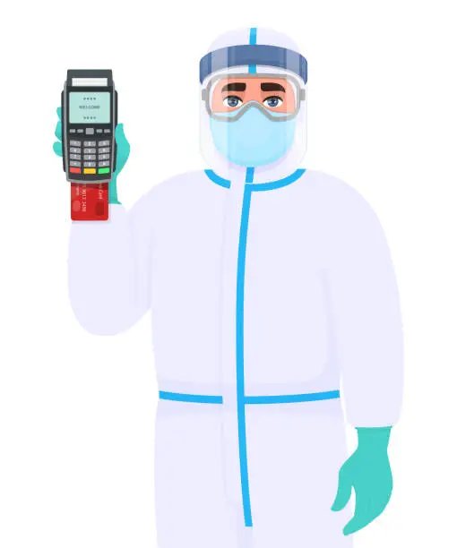 Vector illustration of Person in safety protection suit uniform, mask, goggles and face shield showing credit card payment machine. Doctor holding POS terminal. Physician/surgeon wearing personal protective equipment dress.