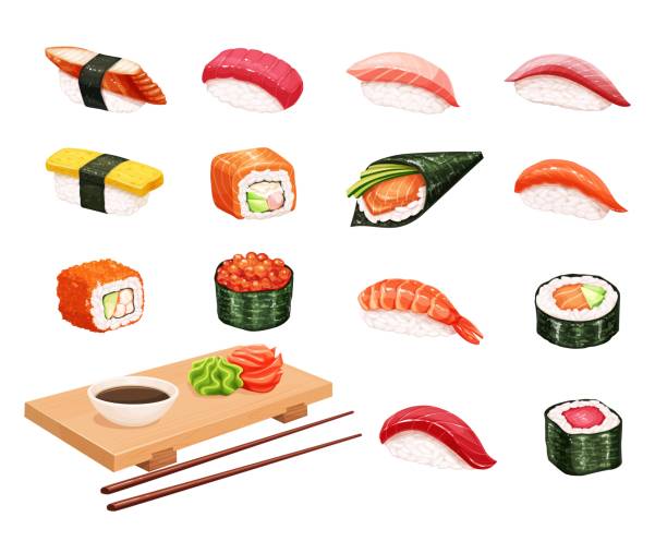 ilustraciones, imágenes clip art, dibujos animados e iconos de stock de sushi y rollos - 4549