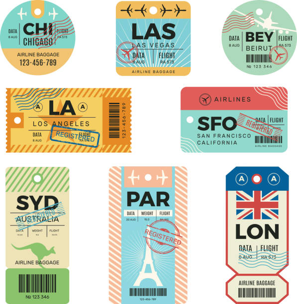 Baggage tags. Retro tickets for travellers luggage airplane stickers with stamps vector design templates Baggage tags. Retro tickets for travellers luggage airplane stickers with stamps vector design templates. Tag luggage, trip passenger badge, destination traveller cardboard illustration paris fashion stock illustrations