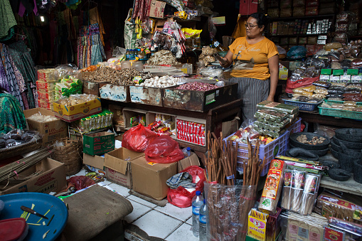 Horizontal view of a colorful corner store in Pasar Seni (Art and souvenirs Ubud Market), Ubud, Bali