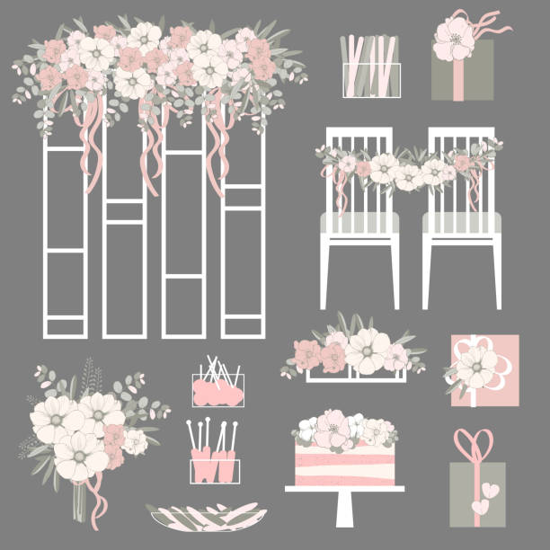 ilustrações de stock, clip art, desenhos animados e ícones de wedding flowers, cake, decoration for chairs, bridal bouquet. vector illustration. - wedding cake wedding reception bouquet wedding