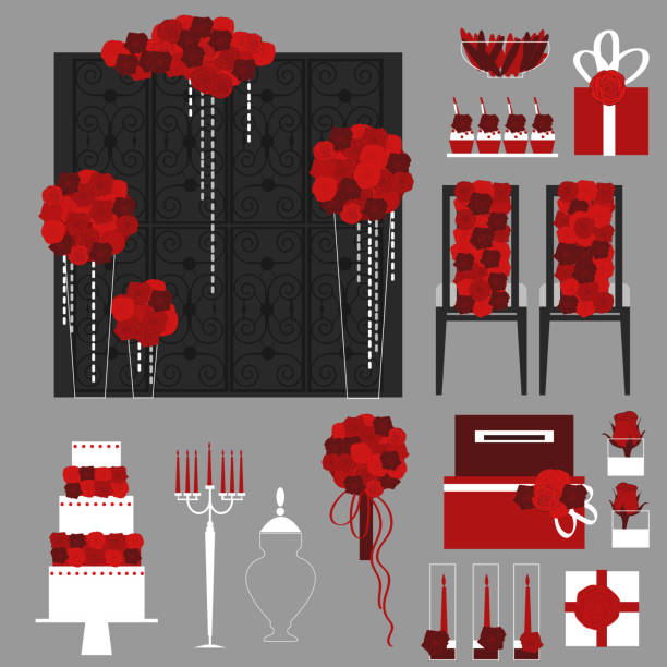 Wedding flowers, cake,gifts, decoration for chairs, bridal bouquet. Wedding flowers, cake,gifts, decoration for chairs, bridal bouquet. Vector illustration. banquet chairs stock illustrations