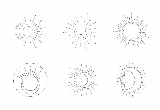 ilustraciones, imágenes clip art, dibujos animados e iconos de stock de diseño vectorial de sol y línea lunar. esquema de símbolos de sol, icono de elemento lunar establecido aislado sobre fondo blanco - tatuajes del sol