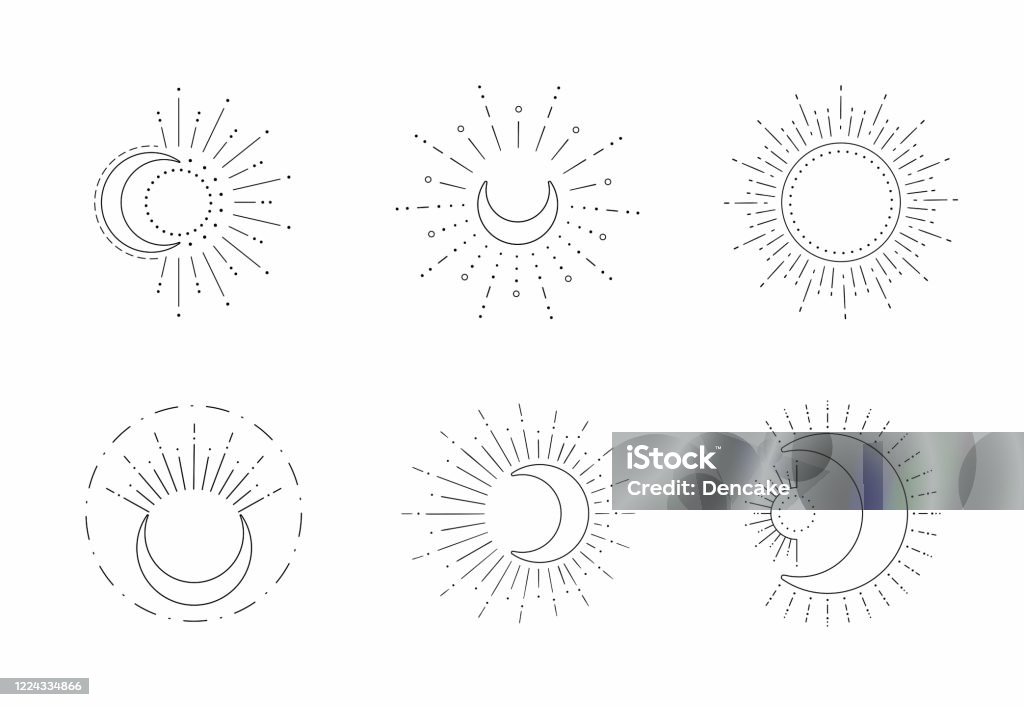 Vector sun and moon line design. Outline suns symbols, moon element icon set isolated on white background Vector sun and moon line design. Outline suns symbols, moon element icon set isolated on white background. Moon stock vector