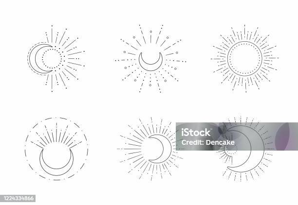 Vector Sun And Moon Line Design Outline Suns Symbols Moon Element Icon Set Isolated On White Background Stock Illustration - Download Image Now