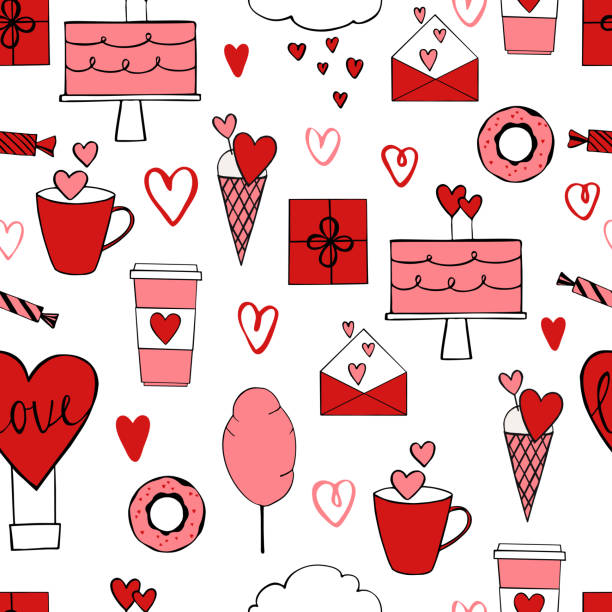 Valentine's Day seamless pattern Valentine's Day seamless pattern with red and pink elements rose cartoon stock illustrations