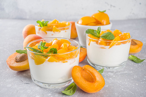 Summer breakfast dessert. Curd or yogurt healthy dessert with apricot slices and mint. Eating healthy, diet and vitamin-rich sweet food, on grey stone background with fresh apricots copy space