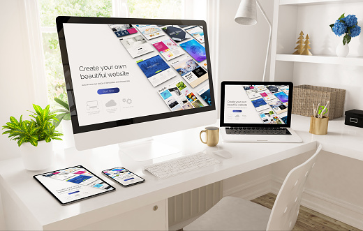 Responsive devices on home office setup showing website builder 3d rendering