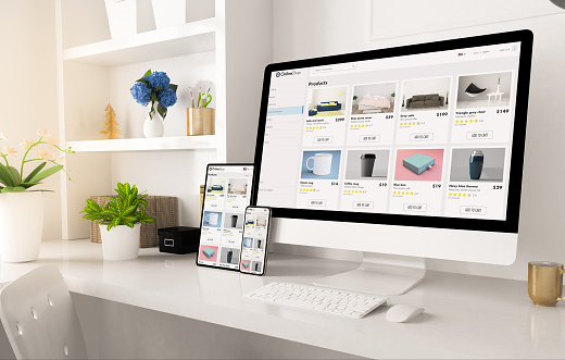 online shop website on home office setup 3d rendering