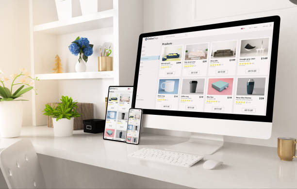 online shop website on home office setup online shop website on home office setup 3d rendering web page stock pictures, royalty-free photos & images