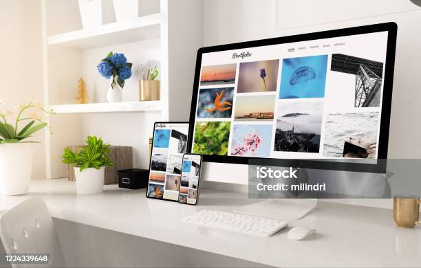 Portfolio Website On Home Office Setup Stock Photo - Download Image Now - Portfolio, Web Page, Photographer