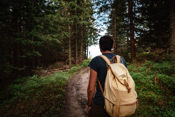 Man hiking at mountains with heavy backpack Travel Lifestyle wanderlust adventure concept summer vacations outdoor alone into the wild. Tatra National Park, Poland