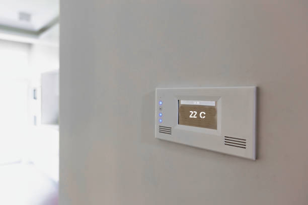 istock Close up photo of modern temperature touch switch board on wall 1224342081