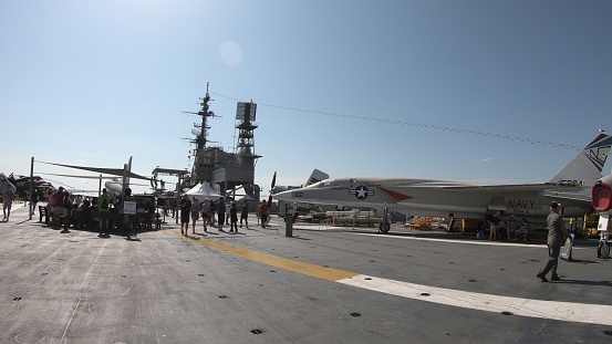 San Diego, Navy Pier, California, USA - August 1, 2018: close up of a fighter aircraft of USS Midway battleship at San Diego base. It was the longest-serving aircraft carrier of United States.