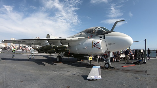 San Diego, Navy Pier, California, USA - August 1, 2018: war jet plane on the USS Midway Cold War battleship at San Diego. It was the longest-serving aircraft carrier of United States.