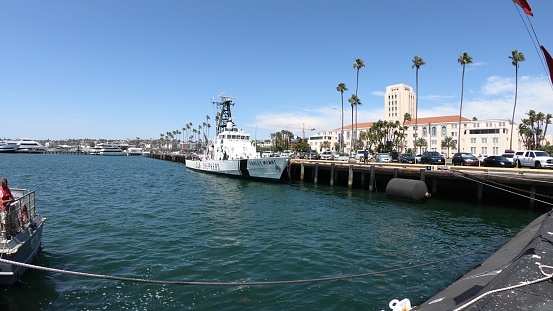 San Diego, California, UNITED STATES - August 1, 2018: Sea Shepherd boat. Sea Shepherd is a conservation society, against whaling and illegal fisheries activities. Farley Mowat in San Diego Navy Pier.