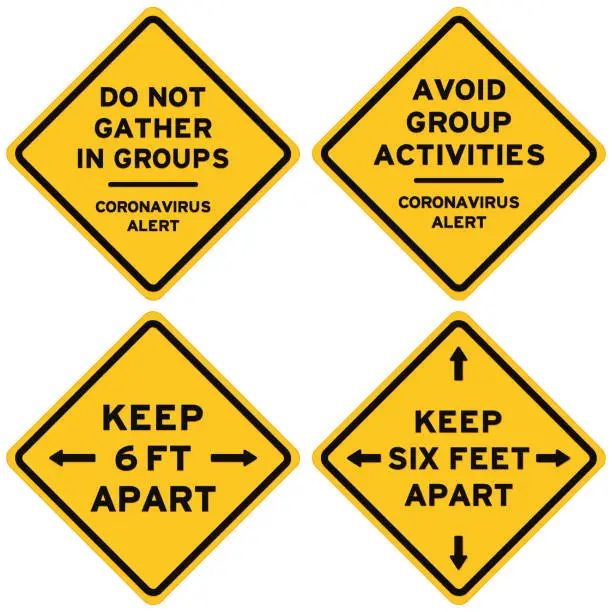 Vector illustration of Four yellow social distancing warning signs isolated on white