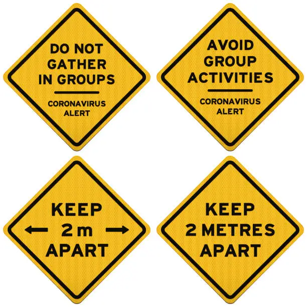 Vector illustration of Four yellow social distancing warning signs isolated on white