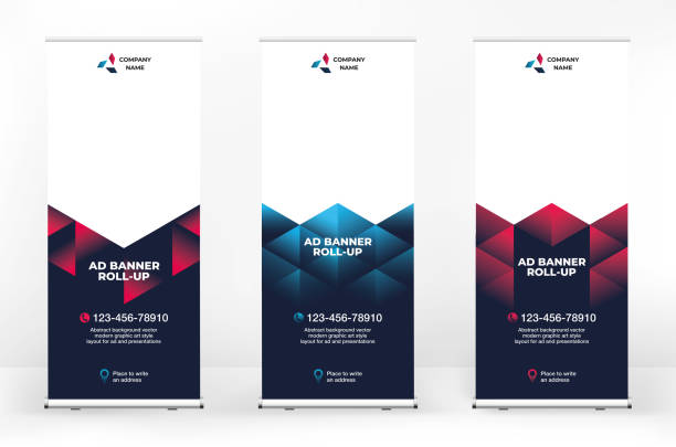 set von roll-up-banner-designs mit abstrakten geometrischen hintergrund, vektor - broadsheet stock-grafiken, -clipart, -cartoons und -symbole