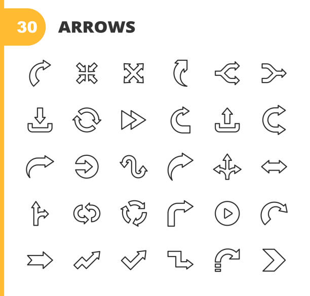 ikony linii strzałek. edytowalny obrys. pixel perfect. dla urządzeń mobilnych i sieci web. zawiera takie ikony jak kierunek, strzałka, znak drogowy, pobieranie, przesyłanie, odtwarzanie, start, nawigacja, projektowanie interfejsu użytkownika, schemat - arrow sign circle direction speed stock illustrations