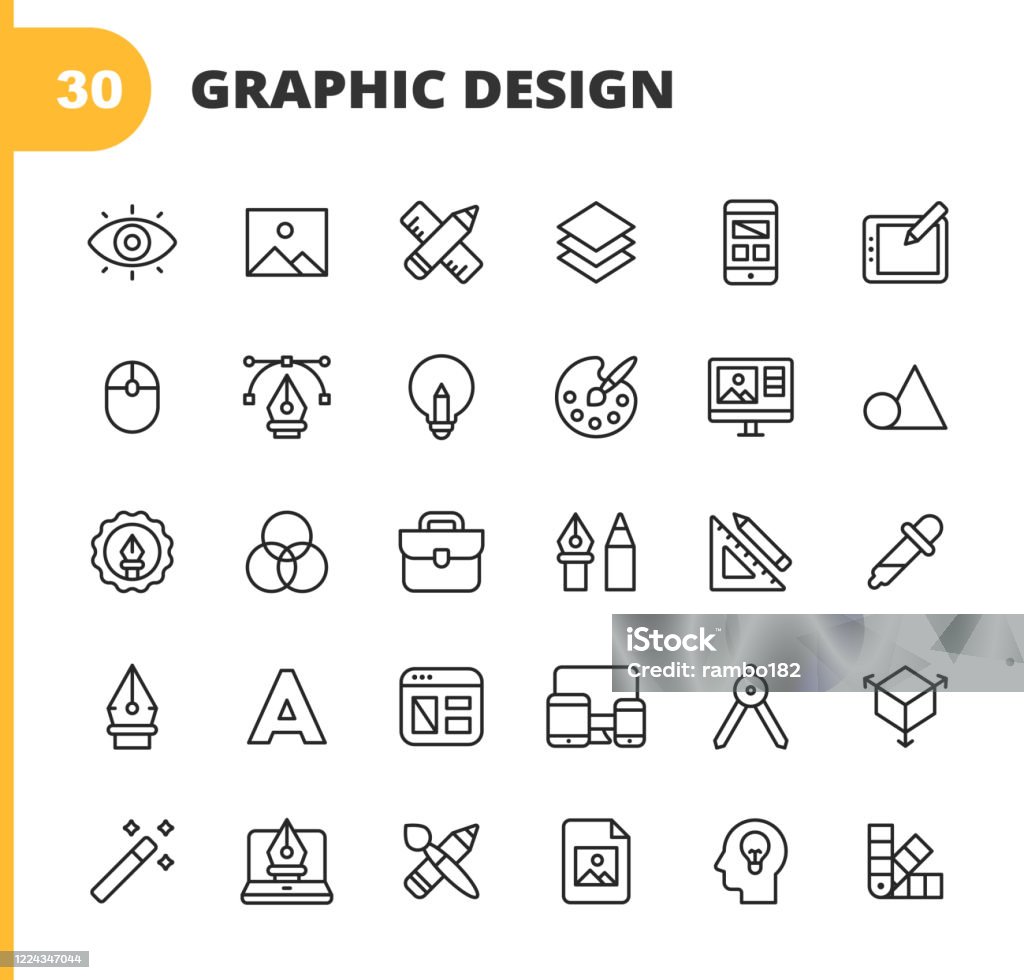 Graphic Design and Creativity Line Icons. Editable Stroke. Pixel Perfect. For Mobile and Web. Contains such icons as Creativity, Layout, Mobile App Design, Art Tools, Drawing Tablet, Typography, Colour Palette, Pencil, Ruler, Vector, Shape, Logo Design. 30 Graphic Design and Creativity Outline Icons. Icon Symbol stock vector