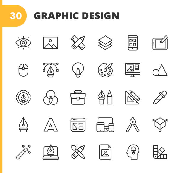Graphic Design and Creativity Line Icons. Editable Stroke. Pixel Perfect. For Mobile and Web. Contains such icons as Creativity, Layout, Mobile App Design, Art Tools, Drawing Tablet, Typography, Colour Palette, Pencil, Ruler, Vector, Shape, Logo Design. 30 Graphic Design and Creativity Outline Icons. fashion stock illustrations