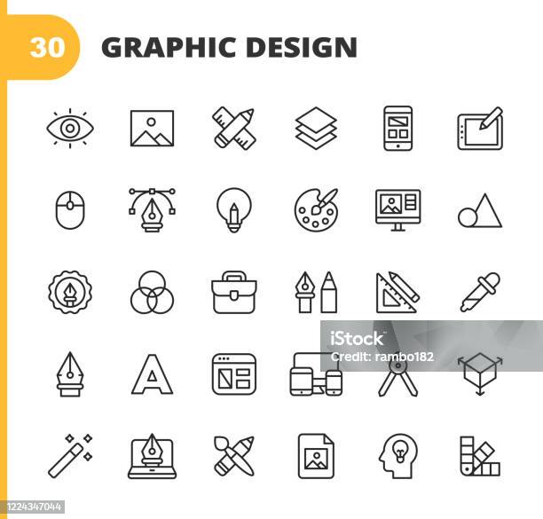 Graphic Design And Creativity Line Icons Editable Stroke Pixel Perfect For Mobile And Web Contains Such Icons As Creativity Layout Mobile App Design Art Tools Drawing Tablet Typography Colour Palette Pencil Ruler Vector Shape Logo Design Stock Illustration - Download Image Now