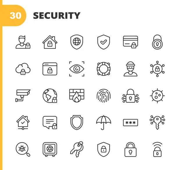 Vector illustration of Security Line Icons. Editable Stroke. Pixel Perfect. For Mobile and Web. Contains such icons as Security, Shield, Insurance, Padlock, Computer Network, Support, Keys, Safe, Bug, Cybersecurity, Virus, Remote Work, Support, Thief, Insurance.