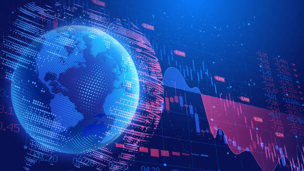 illustrations, cliparts, dessins animés et icônes de vecteur. fond bleu foncé. crise économique mondiale. prix des produits pétroliers. planète terre sur le fond d’un tableau de bord avec des indicateurs d’indices commerciaux sur les bourses. effet demi-teinte. - business stock market stock market data instrument of measurement