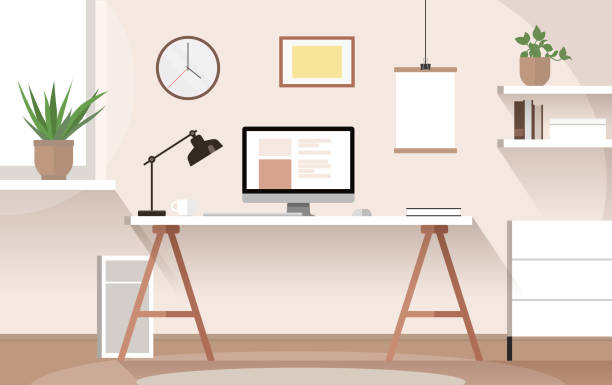 Vector flat modern minimalistic workplace with desk, computer, plants and pictures on the wall in warm tones - home office, cozy working space Vector flat modern minimalistic workplace with desk, computer, plants and pictures on the wall in warm tones - home office, cozy working space organized bookshelf stock illustrations