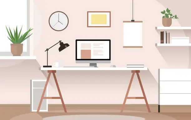 Vector illustration of Vector flat modern minimalistic workplace with desk, computer, plants and pictures on the wall in warm tones - home office, cozy working space