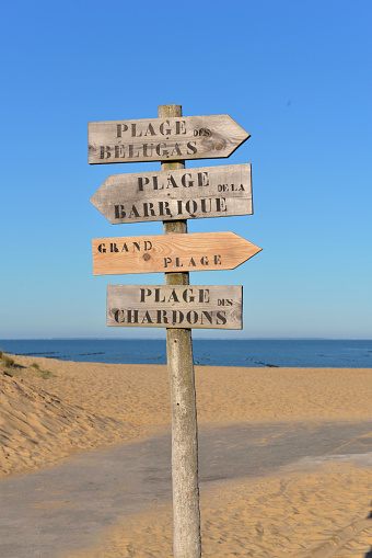 wooden panel in the sand indicating in french the name of different beaches of Atlantic coast