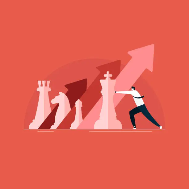 Vector illustration of businessman playing chess, business marketing, growth and strategy