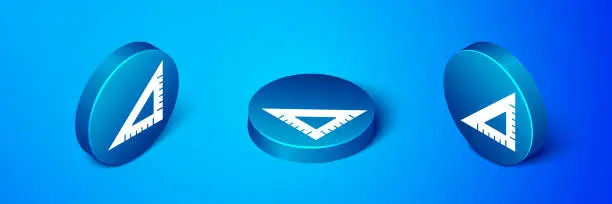 Vector illustration of Isometric Triangular ruler icon isolated on blue background. Straightedge symbol. Geometric symbol. Blue circle button. Vector Illustration
