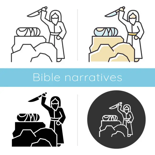 Vector illustration of Binding of Isaac icon. Hebrew Bible story. Abraham sacrificing son on Moriah altar. Christian religion. Biblical narrative. Glyph, chalk, linear and color styles. Isolated vector illustrations