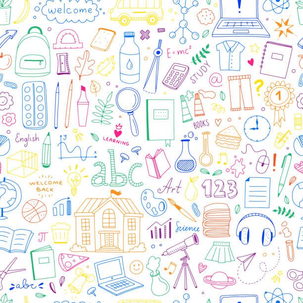 School seamless pattern. Vector learning background with school symbols and objects. Back to school repeat digital pattern School seamless pattern. Vector learning background with school symbols and objects. Back to school repeat digital pattern clipart of school supplies stock illustrations