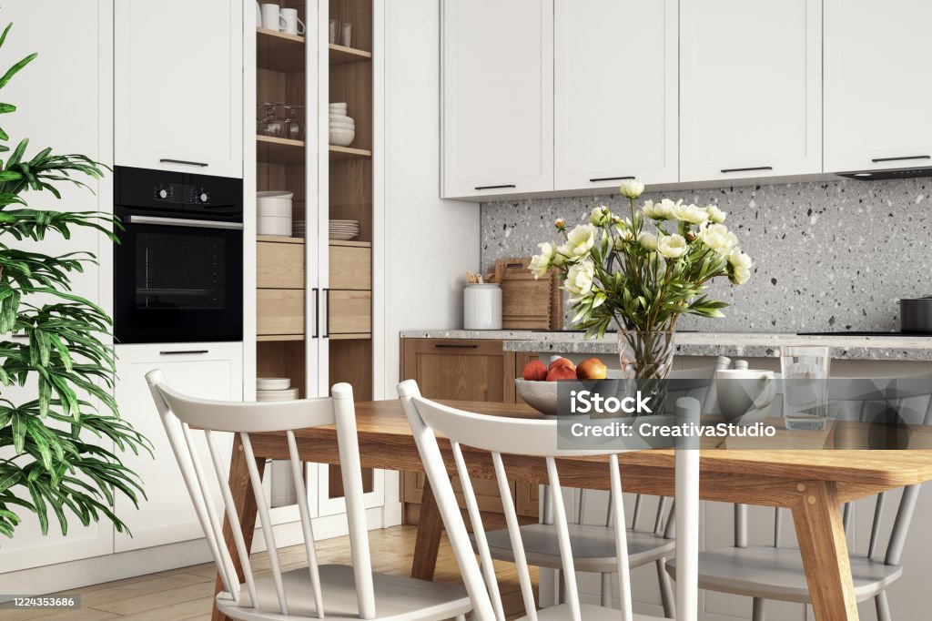 Modern scandinavian kitchen and dining room interior stock photo Scandinavian interior design of kitchen and dining room 3d render with white and wooden elements Kitchen Stock Photo