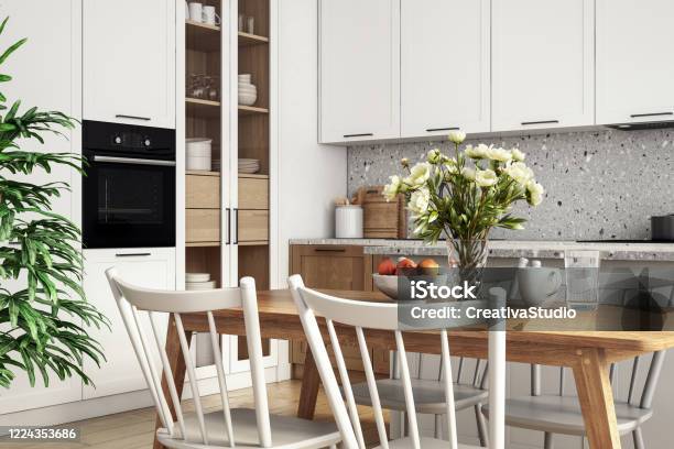 Modern Scandinavian Kitchen And Dining Room Interior Stock Photo Stock Photo - Download Image Now