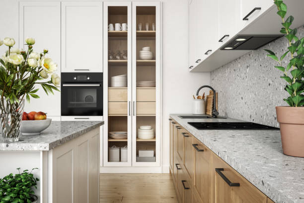 Modern scandinavian kitchen and dining room interior stock photo