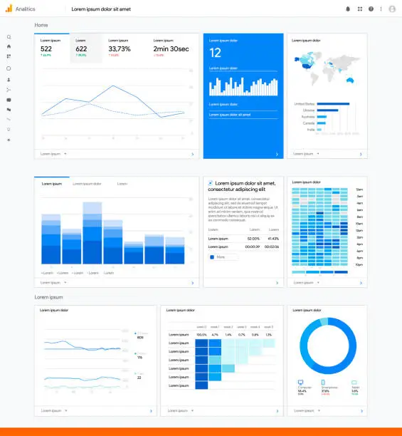 Vector illustration of Google analytics infographic chart. Traffic statistic on website. World map audience. Marketing work flow and template. Ads analisis mock up. Editorial progress presentation. Vector illustration.