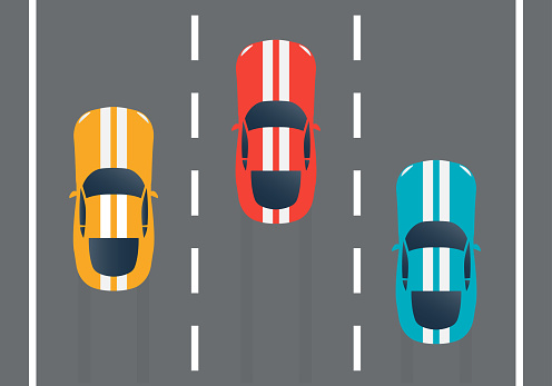Racing cars on the rally track. Top view. Sport vehicles on the road. Vector illustration.