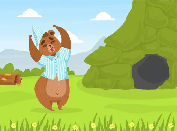 Vector illustration of Cute Bron Bear in Pajamas and Cap Standing in front of Den on Summer Mountain Landscape Vector Illustration