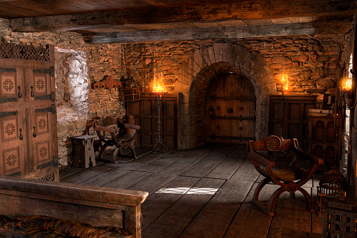 3D rendering of a medieval bedroom interior