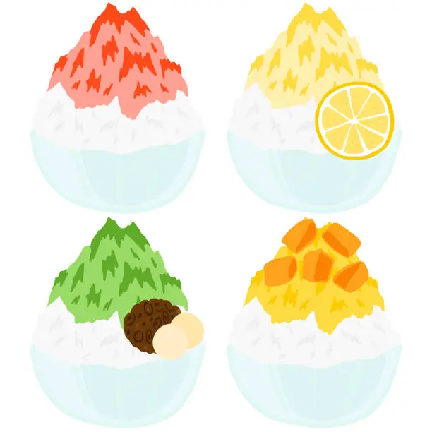 Vector illustration of japanese shaved ice, strawberry, lemon, macha tea and mango