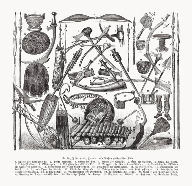 kulturgüter afrikanischer ureinwohner, holzstich, veröffentlicht 1893 - loin cloth stock-grafiken, -clipart, -cartoons und -symbole